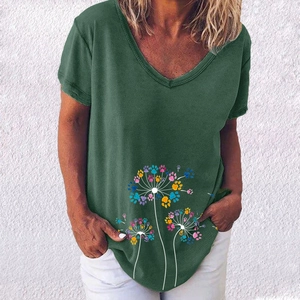 Detail of V-neck summer T-shirt featuring creative dandelion and colorful paw prints