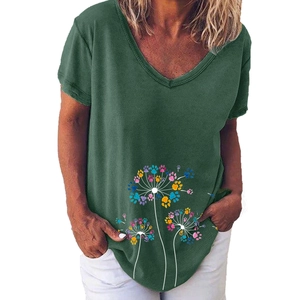 Detailed close-up of a dark green V-neck T-shirt with a colorful paw dandelion print