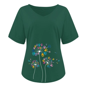 Detail of colorful pet paw prints on dark green V-neck T-shirt with dandelion design