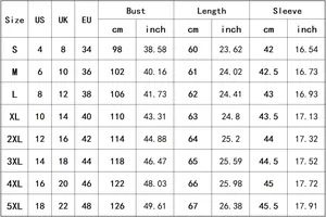 Size chart for women's V-neck long sleeve T-shirt with S-5XL chest and length measurements