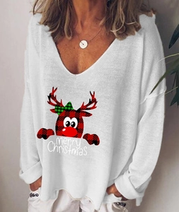 T-shirt blanc de Noël pour femmes avec imprimé renne et texte Merry Christmas