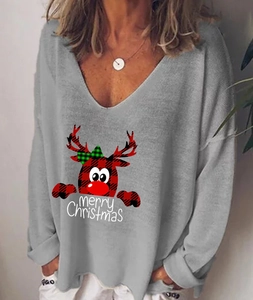 T-shirt femme gris à manches longues avec imprimé renne de Noël et col en V élégant