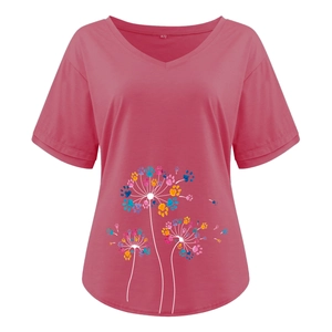 Detail view of V-neck stitching and colorful paw print dandelion print on magenta T-shirt