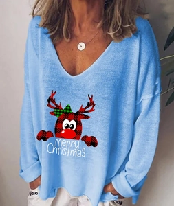 Sweat-shirt femme bleu clair imprimé renne de Noël col en V et manches longues amples