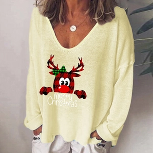 T-Shirt à Manches Longues avec Col en V et Imprimé Renne de Noël pour Femme Haut Décontracté en Mélange de Coton