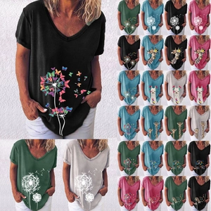 Women's Casual Cotton Blend V Neck Short Sleeve T-Shirt Loose Summer Top With Dandelion Giraffe Llama Print Daily Wear