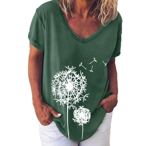 Elegant dark green V-neck T-shirt for women featuring a delicate white dandelion print