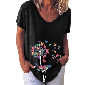 Women's V-neck black short sleeve T-shirt featuring creative dandelion and butterfly print