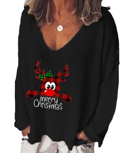 T-shirt noir à manches longues et col en V pour femme avec renne et motif Merry Christmas
