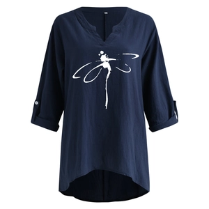 Navy blue V-neck linen tunic for women featuring white dragonfly print and high-low hem