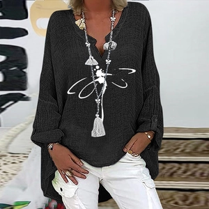 Women's V-neck cotton linen long sleeve shirt featuring a creative dragonfly print in black