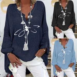 Women Dragonfly Print V-Neck Cotton Linen Blouse Bohemian Loose Long Sleeve Casual Shirt High Low Hem Top