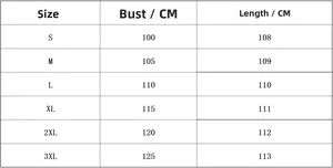 Size chart for dandelion print linen dress showing bust and length from S to 3XL
