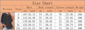 Detailed size chart for women halloween sweatshirt including bust, length and weight info