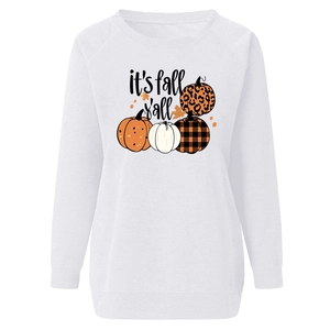 Detail of white Halloween sweatshirt featuring pumpkin patterns and it's fall y'all text
