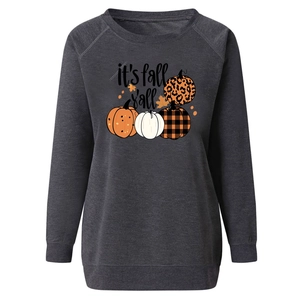 Detail of fall-themed print with pumpkins and autumn text on a gray sweatshirt