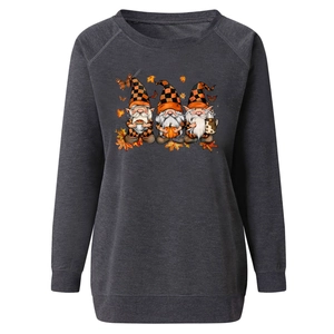 Detailed close-up of Halloween gnome print on long sleeve dark grey sweatshirt