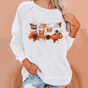 Detail of raglan sleeves and festive autumn coffee pumpkin prints on white sweatshirt