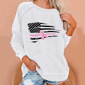 Women's loose white breast cancer awareness raglan sweatshirt with pink ribbon flag print