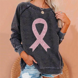Loose charcoal grey breast cancer ribbon sweatshirt with raglan sleeves and pink glitter