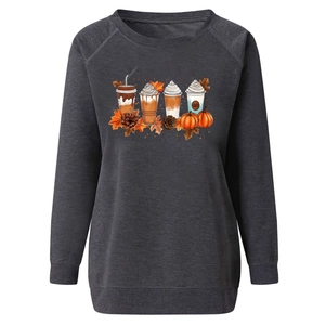 Detail of autumn-themed prints and raglan sleeves on dark grey sweatshirt