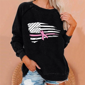 Women's black raglan sleeve sweatshirt with pink ribbon and American flag print