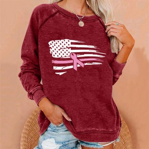Deep red breast cancer awareness sweatshirt with American flag ribbon print for women