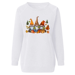 Detail view of the ribbed cuffs and festive autumn gnome print on white sweatshirt