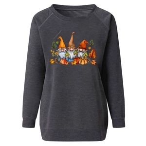 Detail of autumn gnomes print with pumpkins and maple leaves on charcoal sweatshirt