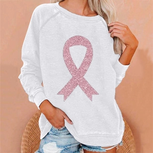 Women's white long sleeve sweatshirt with pink glitter breast cancer ribbon print