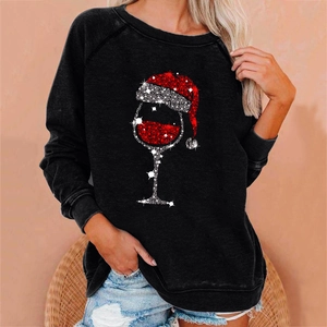 Women's black Christmas sweatshirt with glitter wine glass print and raglan sleeves