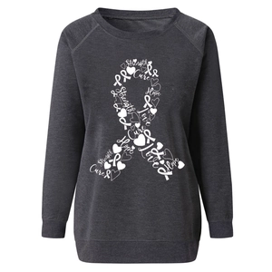 Detail of ribbon-shaped text print on charcoal grey crewneck sweatshirt for women