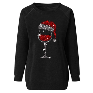 Women's black crewneck sweatshirt featuring Christmas wine glass and hat sequin prints