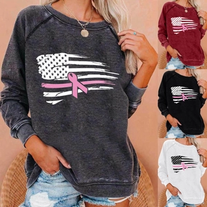 Women's Casual Round Neck Sweatshirt Cotton Blend Raglan Sleeve Breast Cancer Awareness Pink Ribbon Flag Print Pullover Top