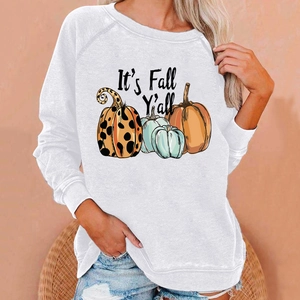 Close-up of ribbed neckline and It's Fall Y'all pumpkin print on white sweatshirt