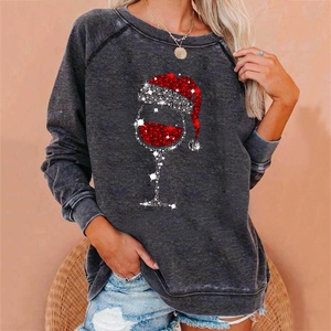 Women loose dark grey sweatshirt with festive Christmas hat and wine glass sequin print