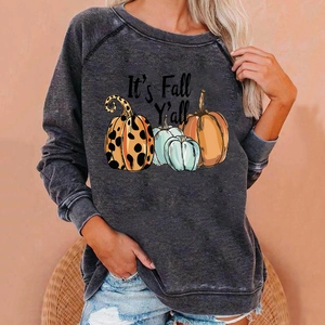 Close-up of the vintage charcoal sweatshirt featuring pumpkins and Fall slogan design