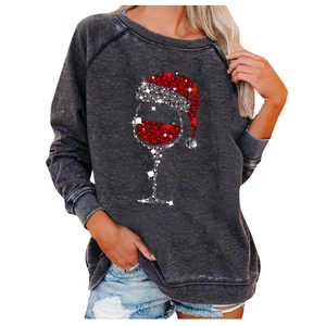 Women's dark gray raglan sweatshirt with glitter wine glass and Santa hat print