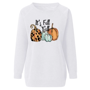 Detail view of Halloween pumpkin print and 'It's Fall Y'all' slogan on white sweatshirt