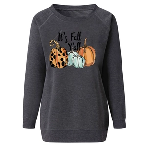 Detail of grey raglan sweatshirt with Fall Y'all pumpkin print and ribbed cuffs