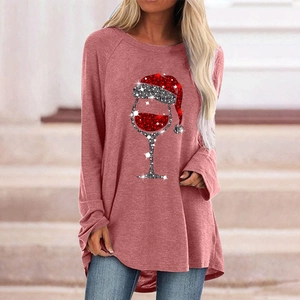 Top casual da donna con stampa calice di Natale e maniche raglan rosso polvere