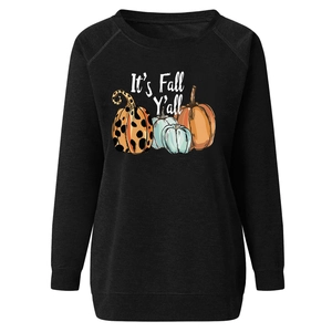 Detail of three pumpkins print and It's Fall Y'all text on black long sleeve sweatshirt