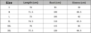 Detailed size chart for Christmas deer print long sleeve t-shirt with S to 3XL measurements