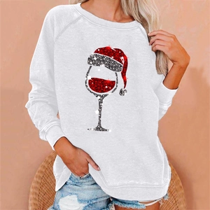 Women's loose white Christmas sweatshirt with festive wine glass glitter print