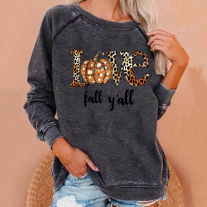 Detail of pumpkin and leopard print LOVE design on charcoal raglan sleeve sweatshirt