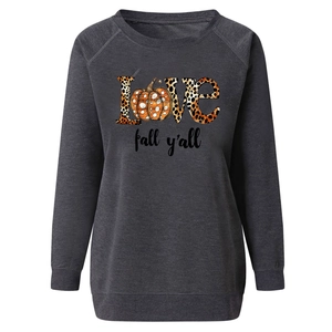 Close-up of leopard print LOVE pumpkin graphic on charcoal raglan sleeve sweatshirt