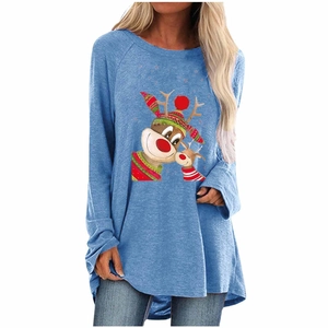 Detail of Christmas reindeer print on a soft blue long-sleeve loose fit t-shirt
