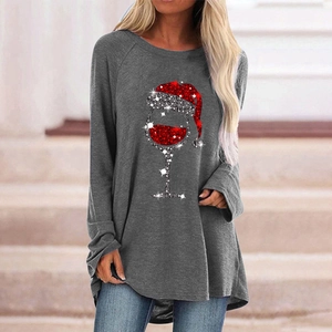 Tunnica natalizia da donna con stampa calice di vino, maglia grigia a maniche lunghe