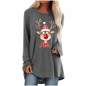T-shirt femme décontracté gris foncé à manches raglan avec motif renne de Noël