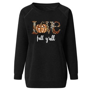 Detail of crew neck sweatshirt with pumpkin love fall y'all print and ribbed cuffs